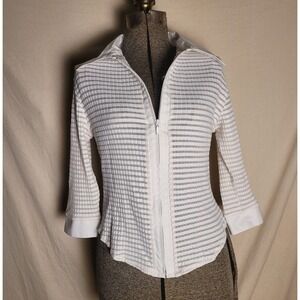 Vintage 90s Y2K Striped Zip Up Collared Shirt Top Fitted Mesh White Sheer M/L